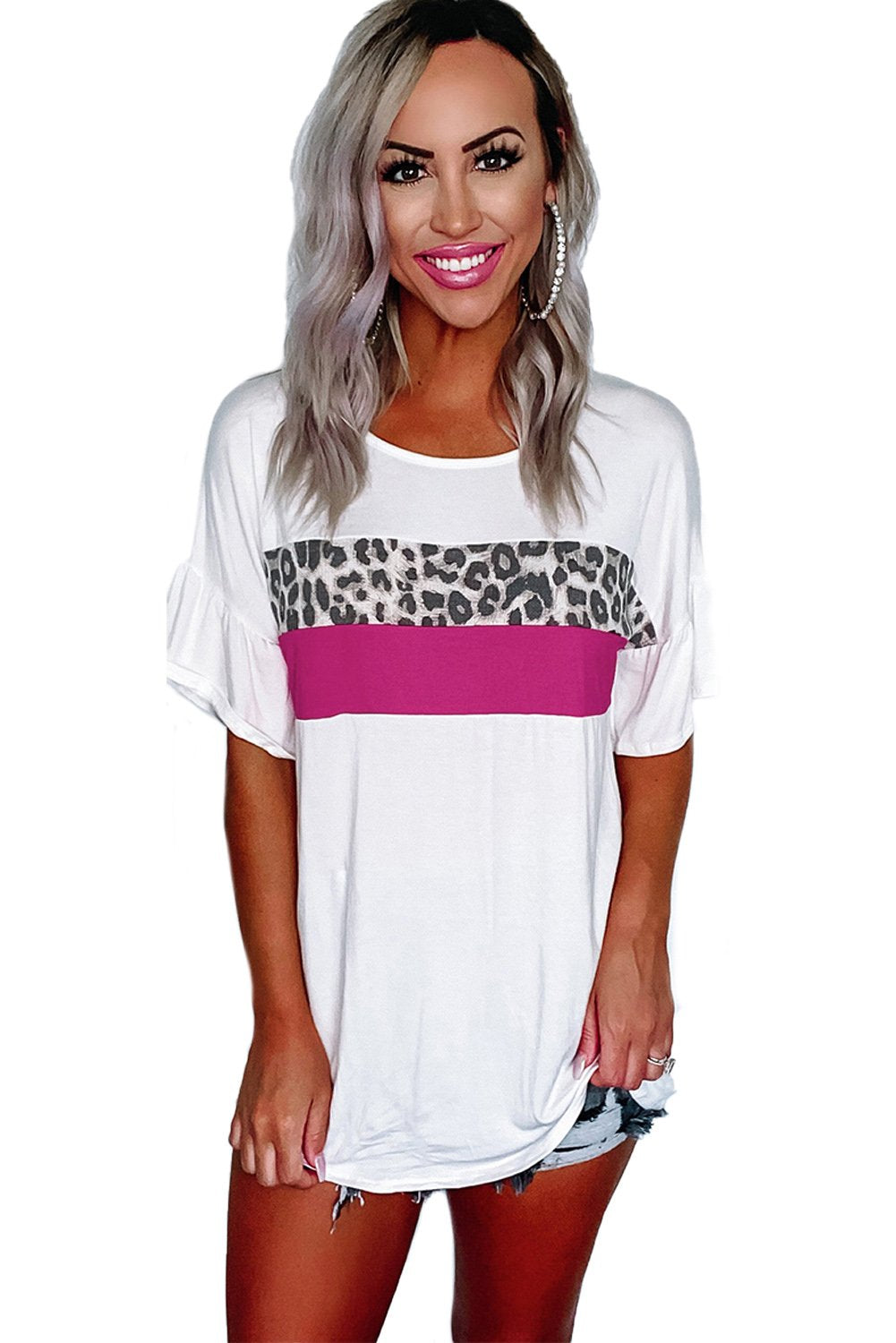 Women's Casual White Leopard Color Block Short Sleeve Tee