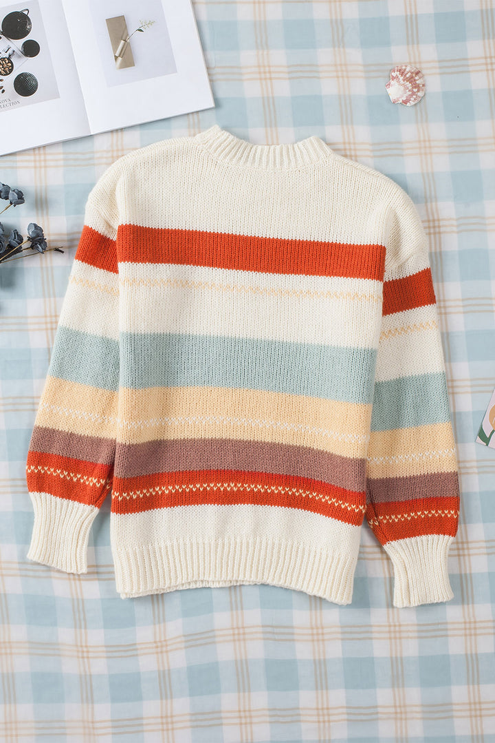 Crew Neck Drop-shoulder Striped Color Block Sweater