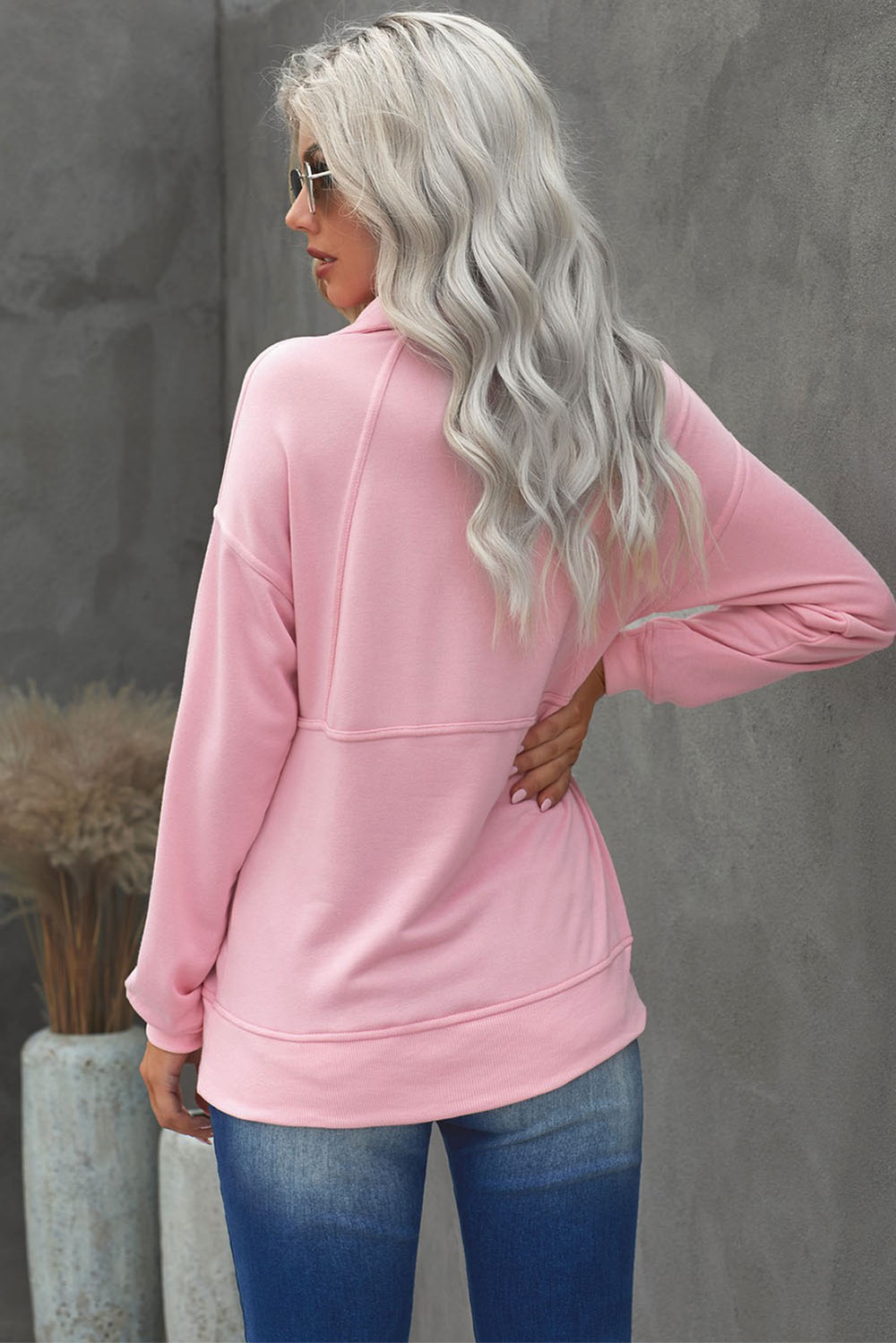 Cotton Pocketed Half Zip Pullover Pink Sweatshirt