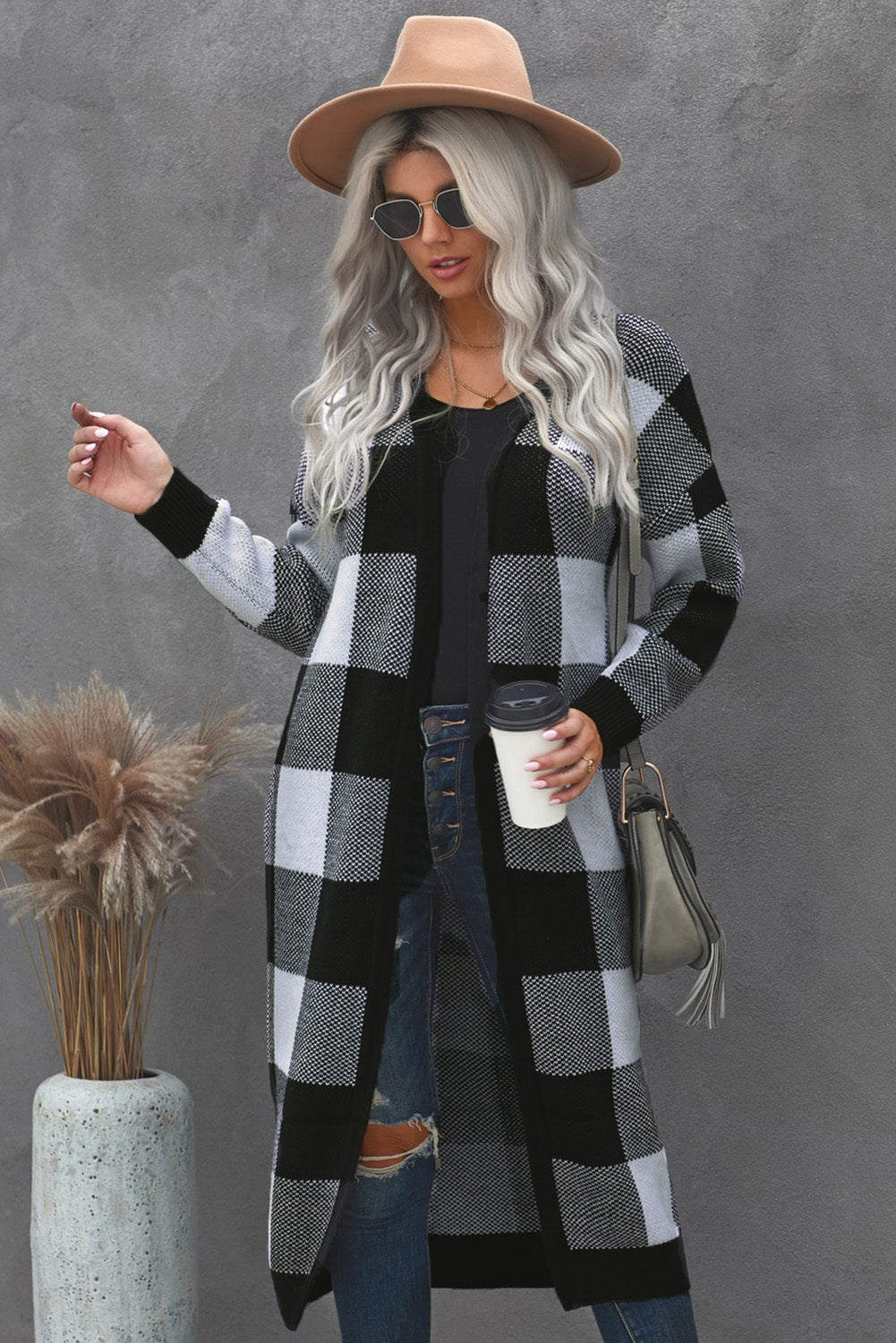 Womens Black Board Games Pocketed Checkered Long Cardigan