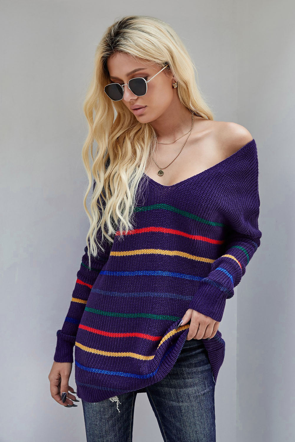 Blue Striped Loose Knit Sweater