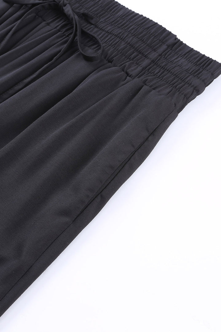 Black Drawstring Elastic Waist Casual Wide Leg Pants
