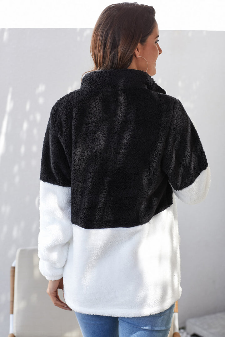 Women Black White Zip Neck Oversize Fluffy Fleece Pullover