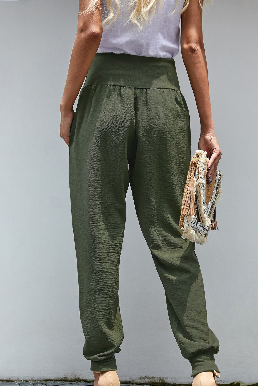 Green Pocketed Stretchy High Waistband Cotton Joggers