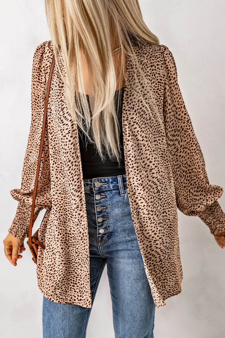 Apricot Animal Print Shirred Cuff Lantern Sleeve Cardigan