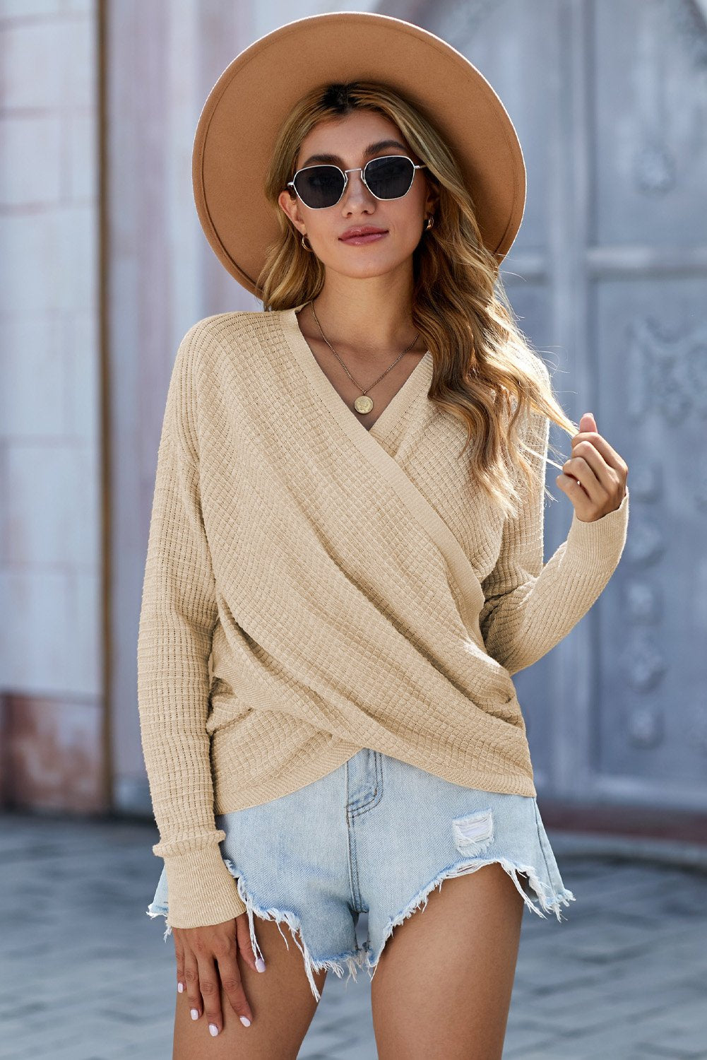 Chic Apricot Deep V-neck Long Sleeve Knit Sweater