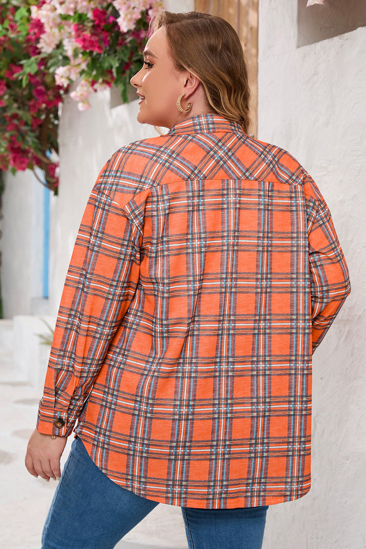 Orange Plus Size Plaid Pocketed Long Sleeve Shirt