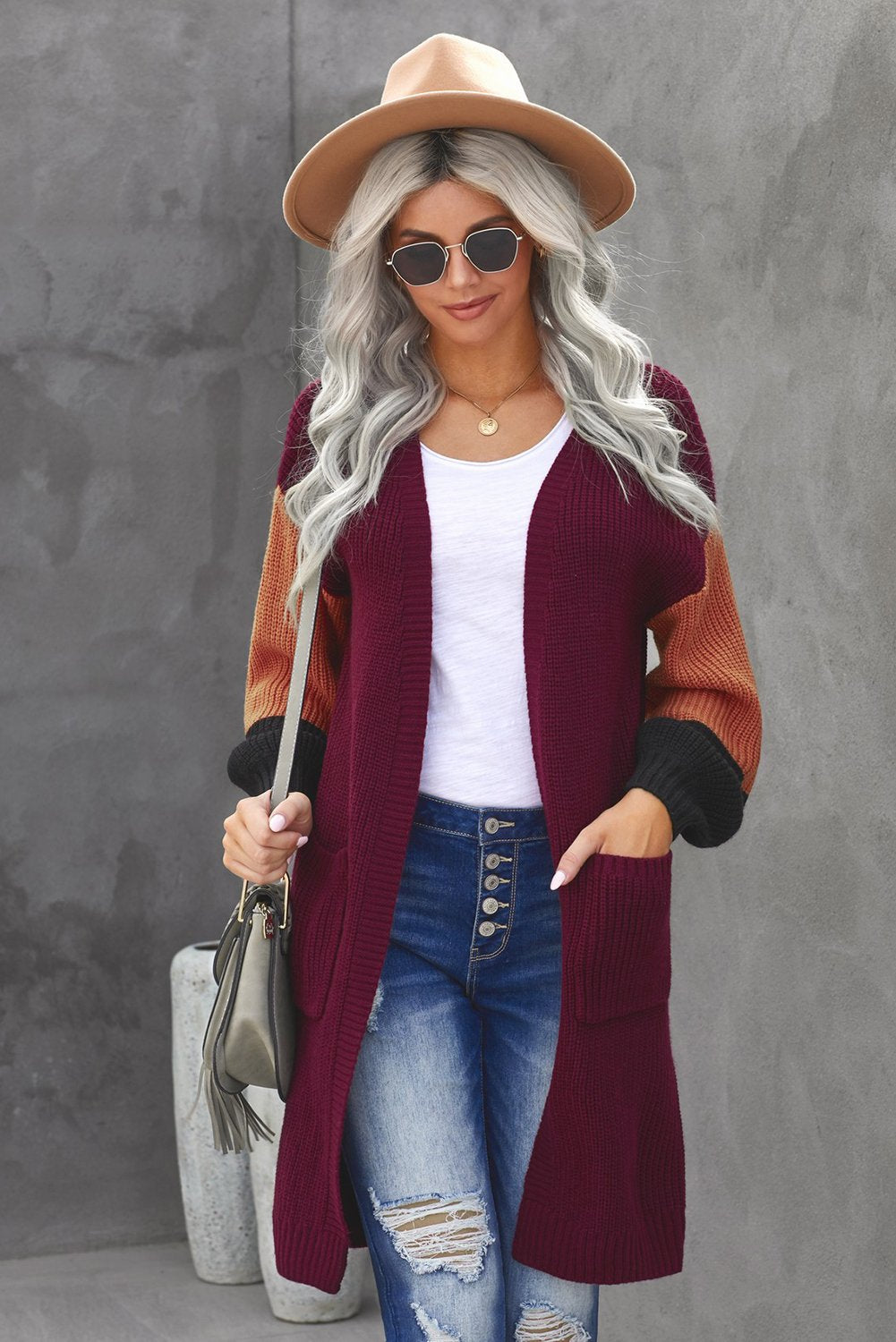 Women's Red Cotton-blend Pocketed Colorblock CardiganWomen's Red Cotton-blend Pocketed Colorblock Cardigan