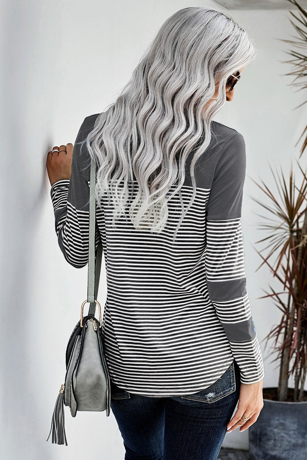 Casual Gray Striped Pinstripe Patch Pocket Long Sleeve Top