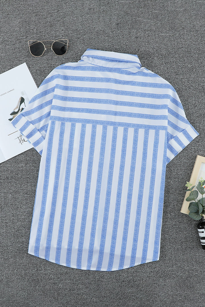 Blue White Stripes Roll up Short Sleeve Button Down Shirt