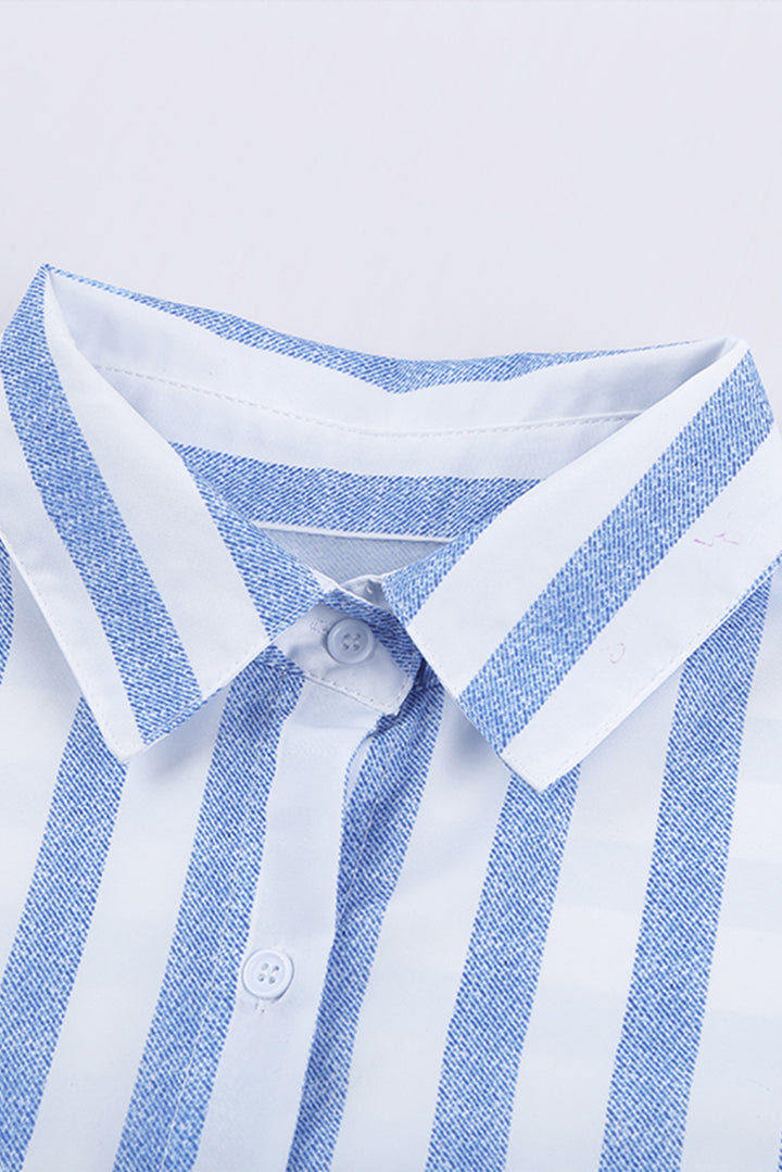 Blue White Stripes Roll up Short Sleeve Button Down Shirt