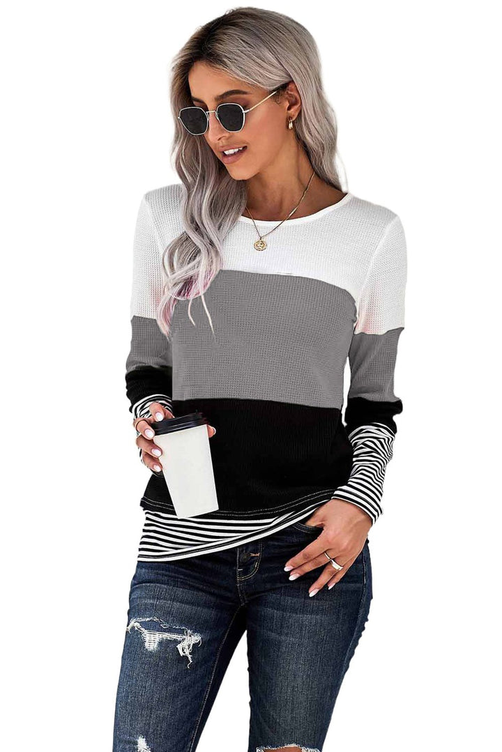 Women's Gray Stylish Colorblock Splicing Stripes Top