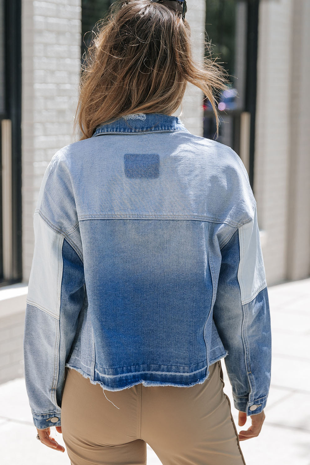 Sky Blue Color Block Denim Patchwork Frayed Hem Jacket