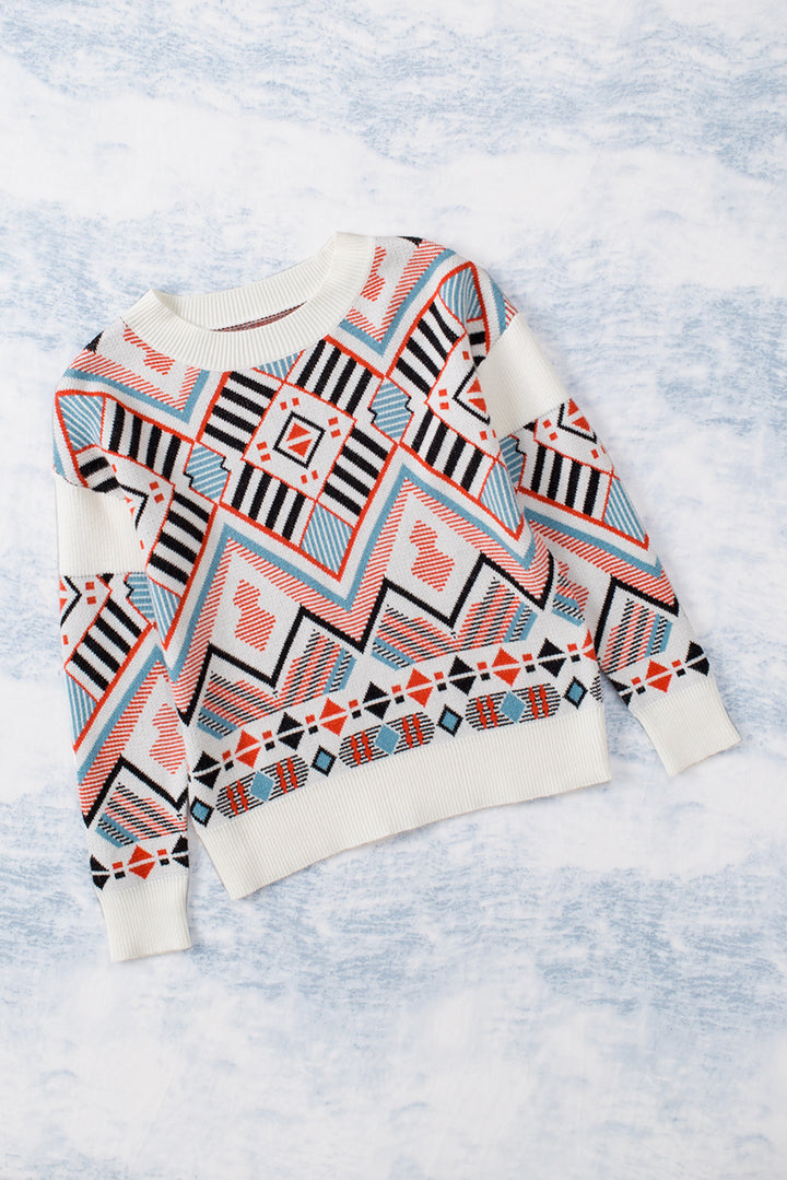 Multicolor Aztec Print Knitted Pullover Sweater