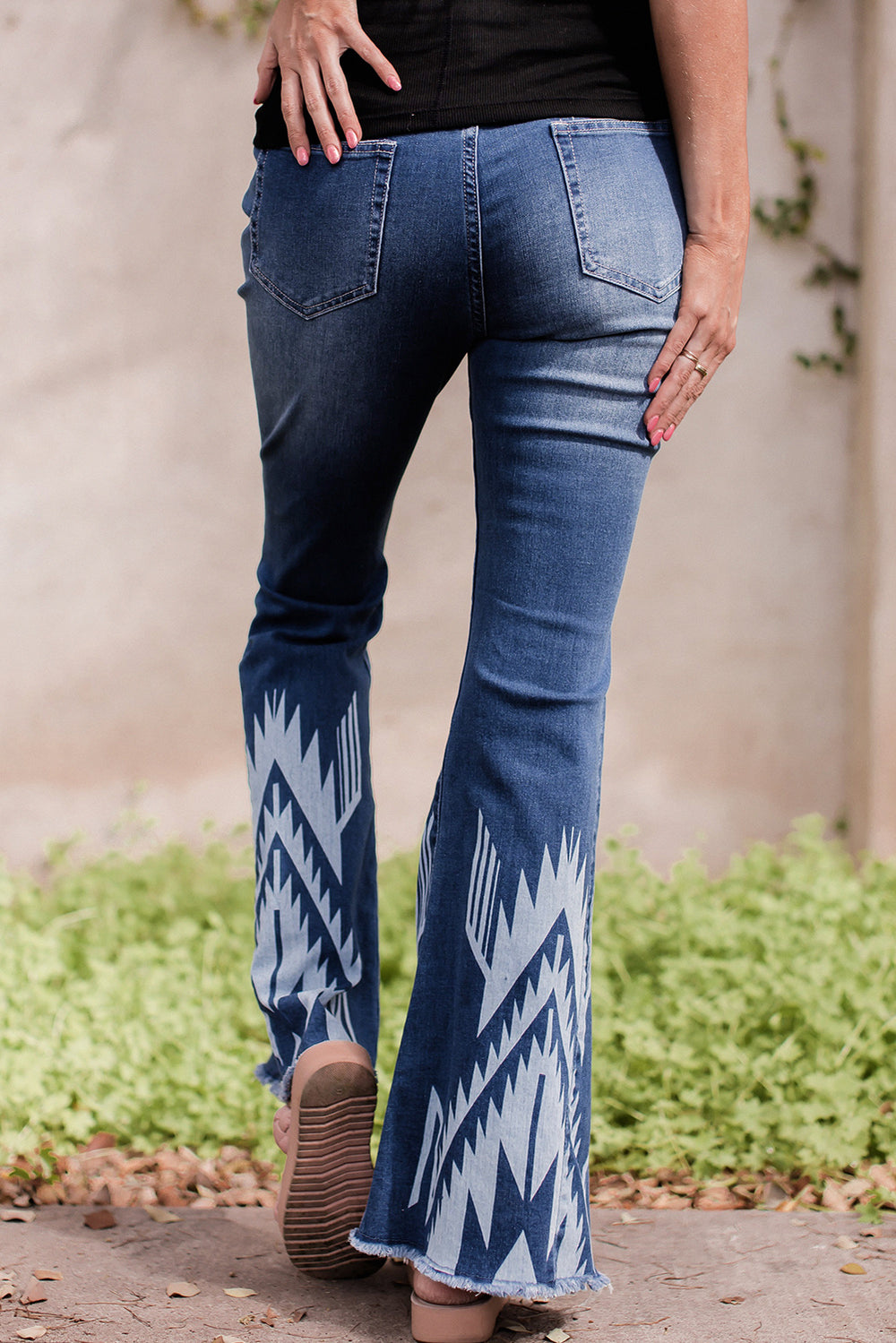 Blue Western Pattern High Rise Flare Jeans