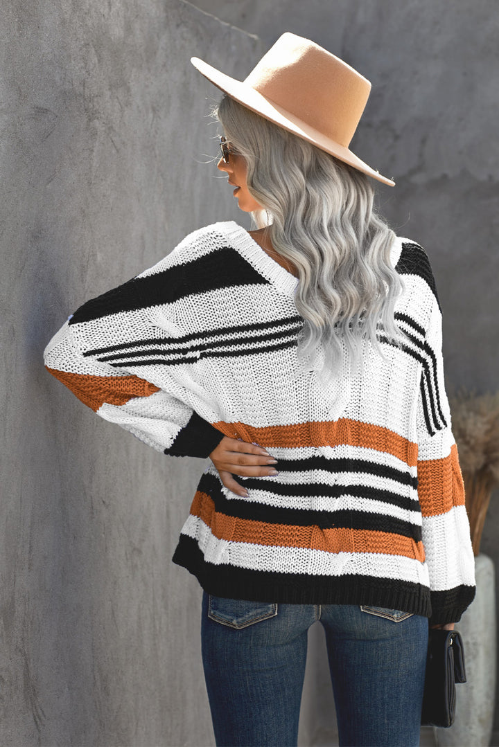 Brown White Stripe Color Block Bubblegum V-Neck Braided Knit Sweater