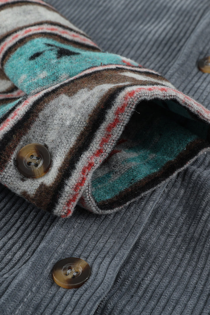 Gray  Aztec Pattern Sleeve Pocketed Corduroy Shacket