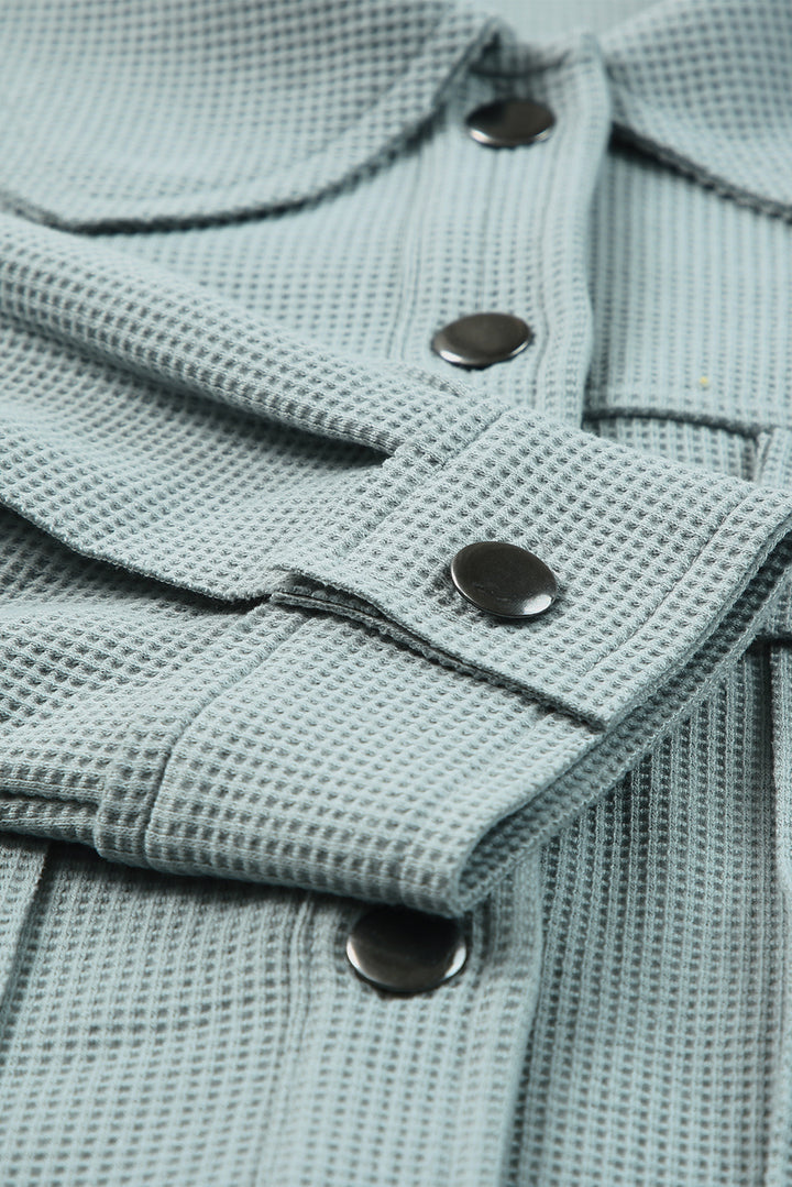 Sky Blue Waffle Knit Buttons Cropped Jacket with Pockets