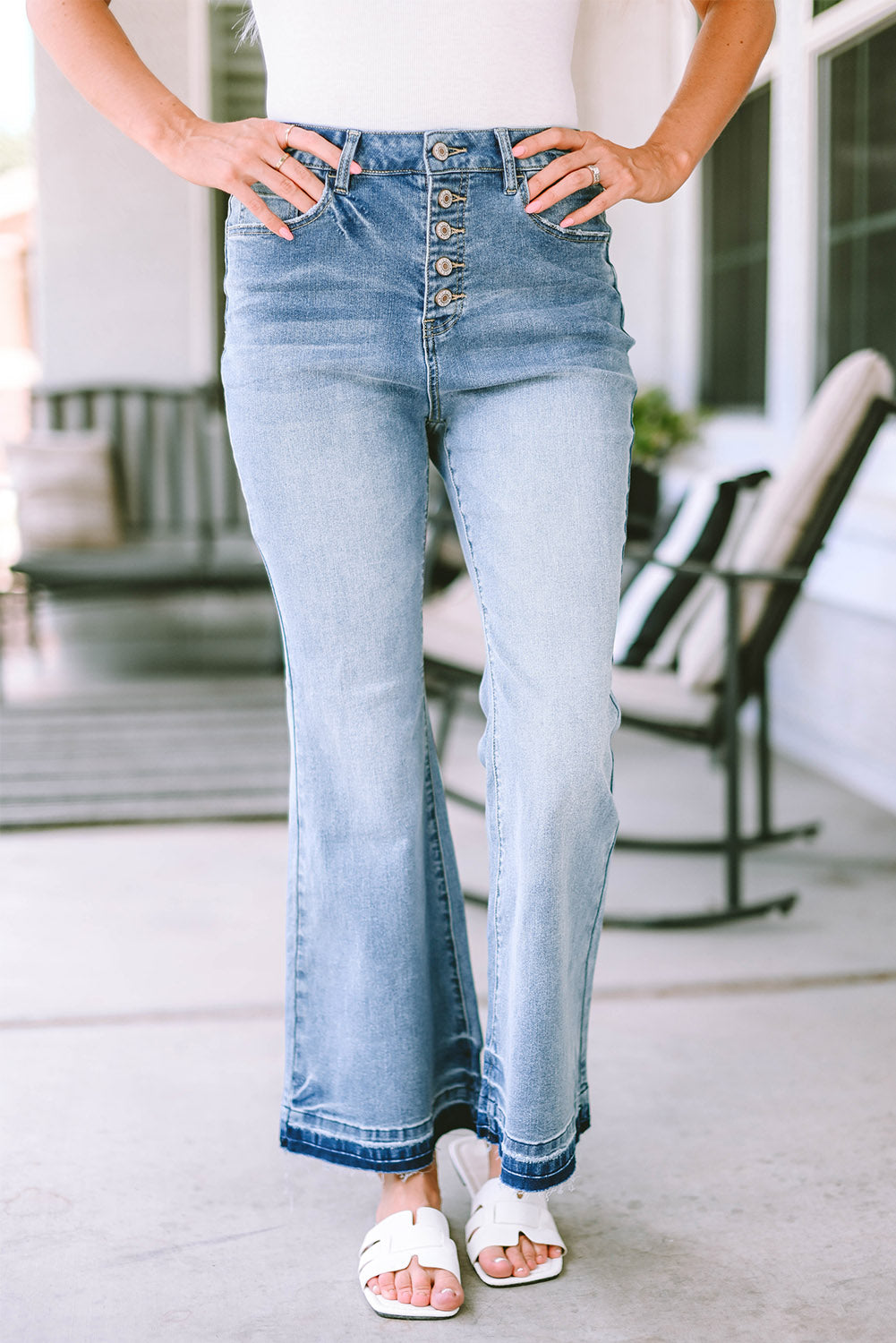 Sky Blue High Waist Buttoned Distressed Flared Jeans