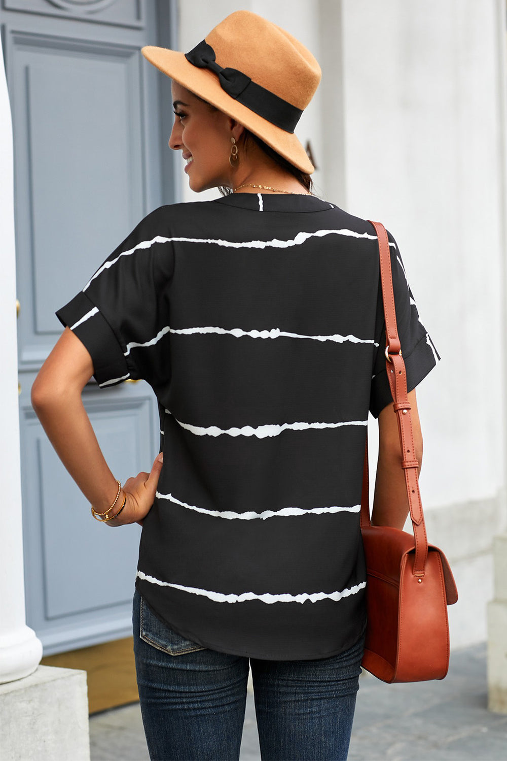 Women's Black Striped Folded Short Sleeve Shirt