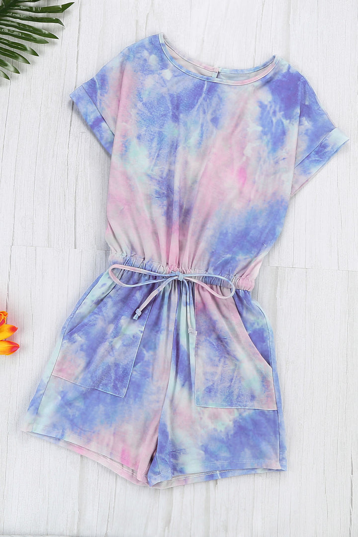 Multicolor Pocketed Tie Dye Short Sleeve Knit Romper