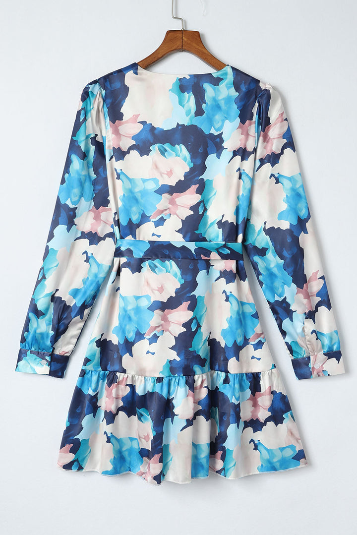 Abstract Floral Long Sleeve Tied Ruffle Dress