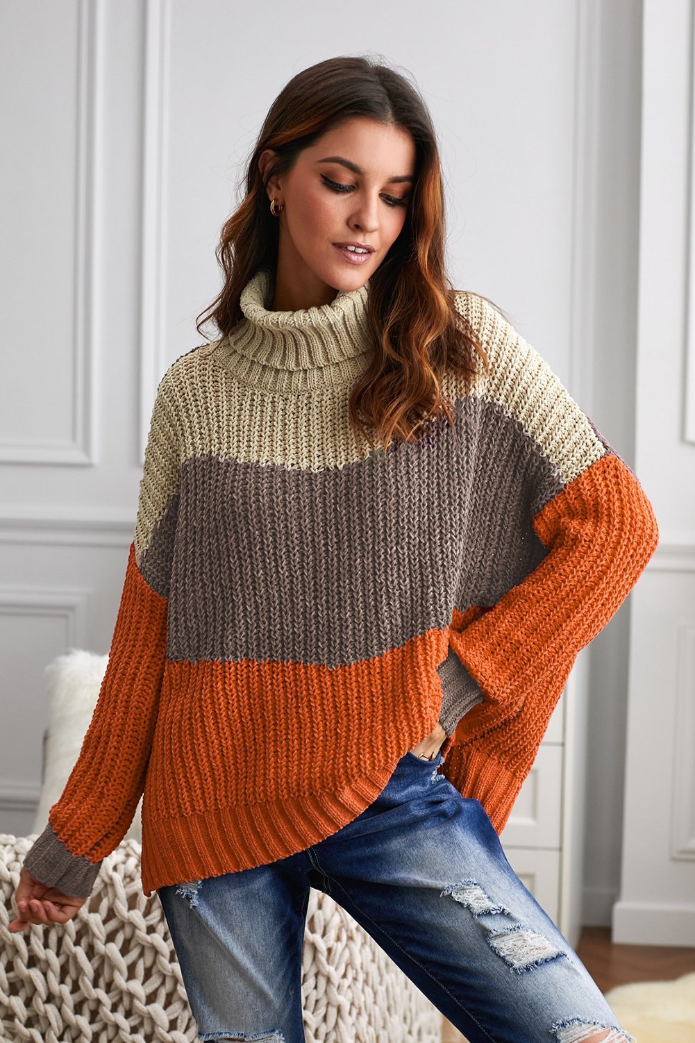 Cowl Neck Orange Colorblock Cable Knit Sweater