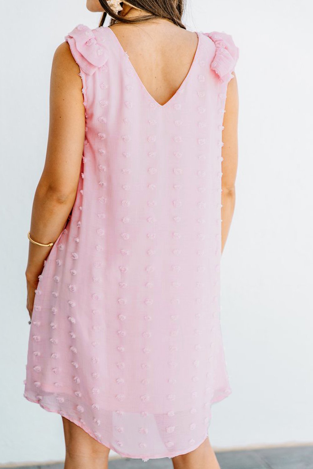 Cute Pink Swiss Dot V Neck Ruffled Sleeveless Mini Dress