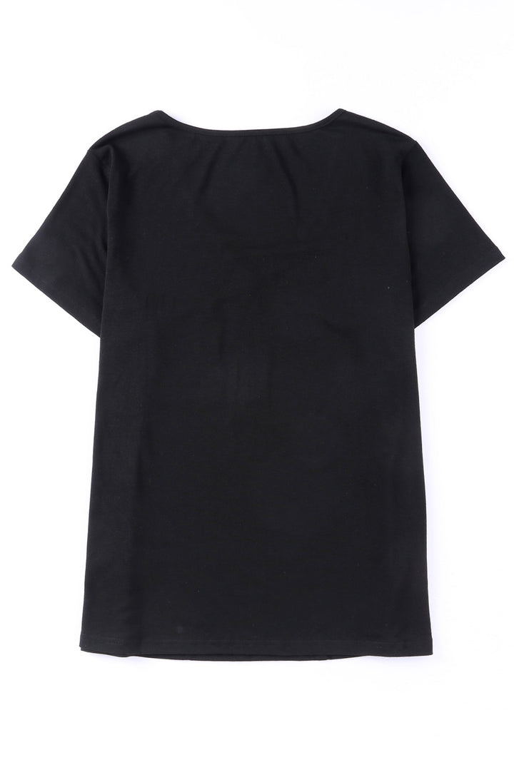 Black Sequin Trim V Neck Chest Pocket Plus Size Tee