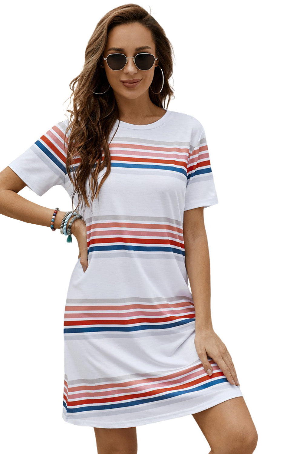White Striped Print Round Neck Short Sleeve T-shirt Mini Dress