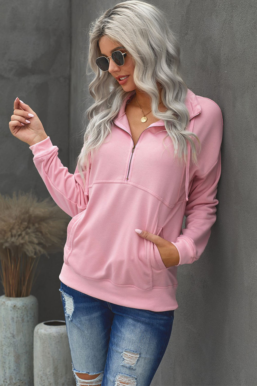 Cotton Pocketed Half Zip Pullover Pink Sweatshirt