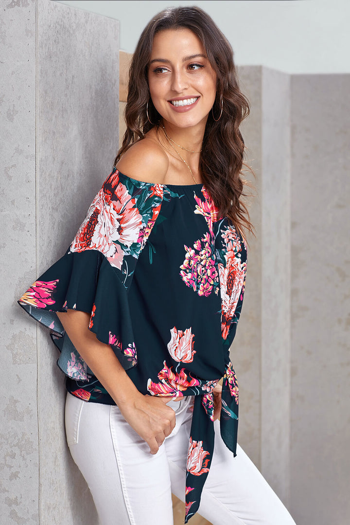 Navy Off Shoulder Floral Tie Front High Low Chiffon Blouse