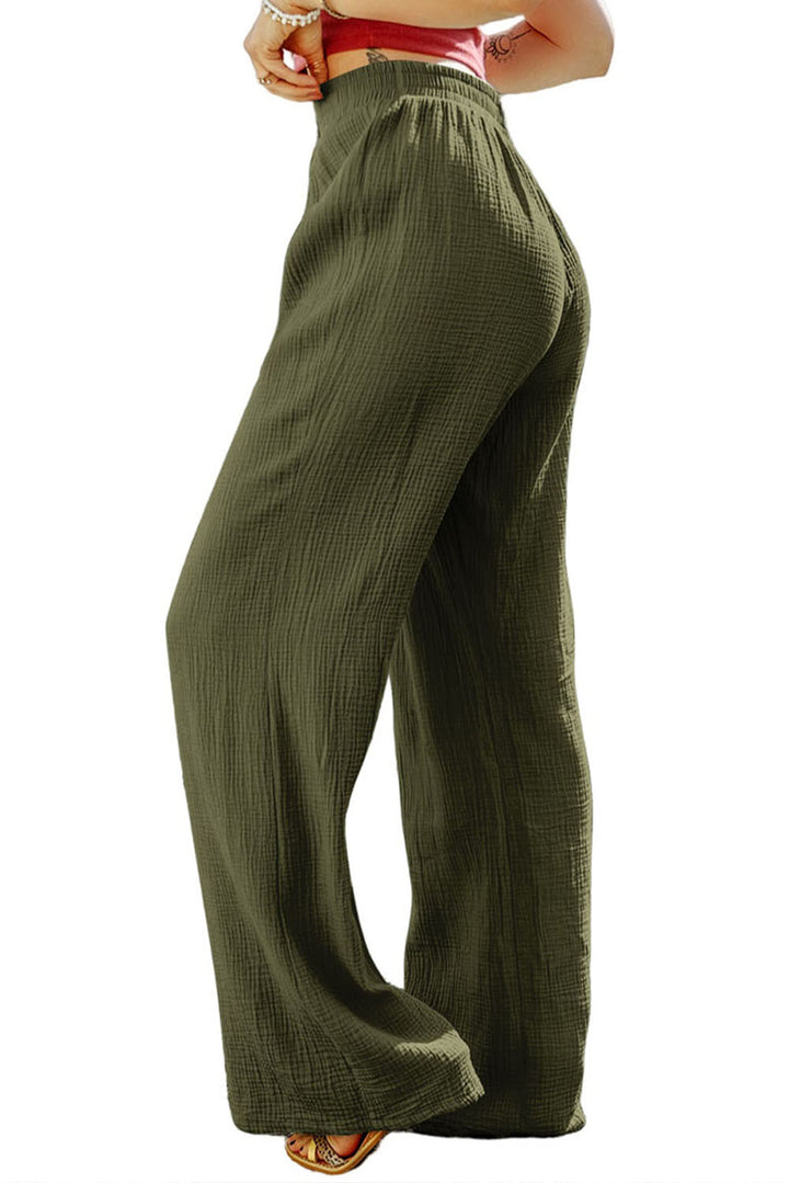 Green Crinkle Textured Wide Leg Pants