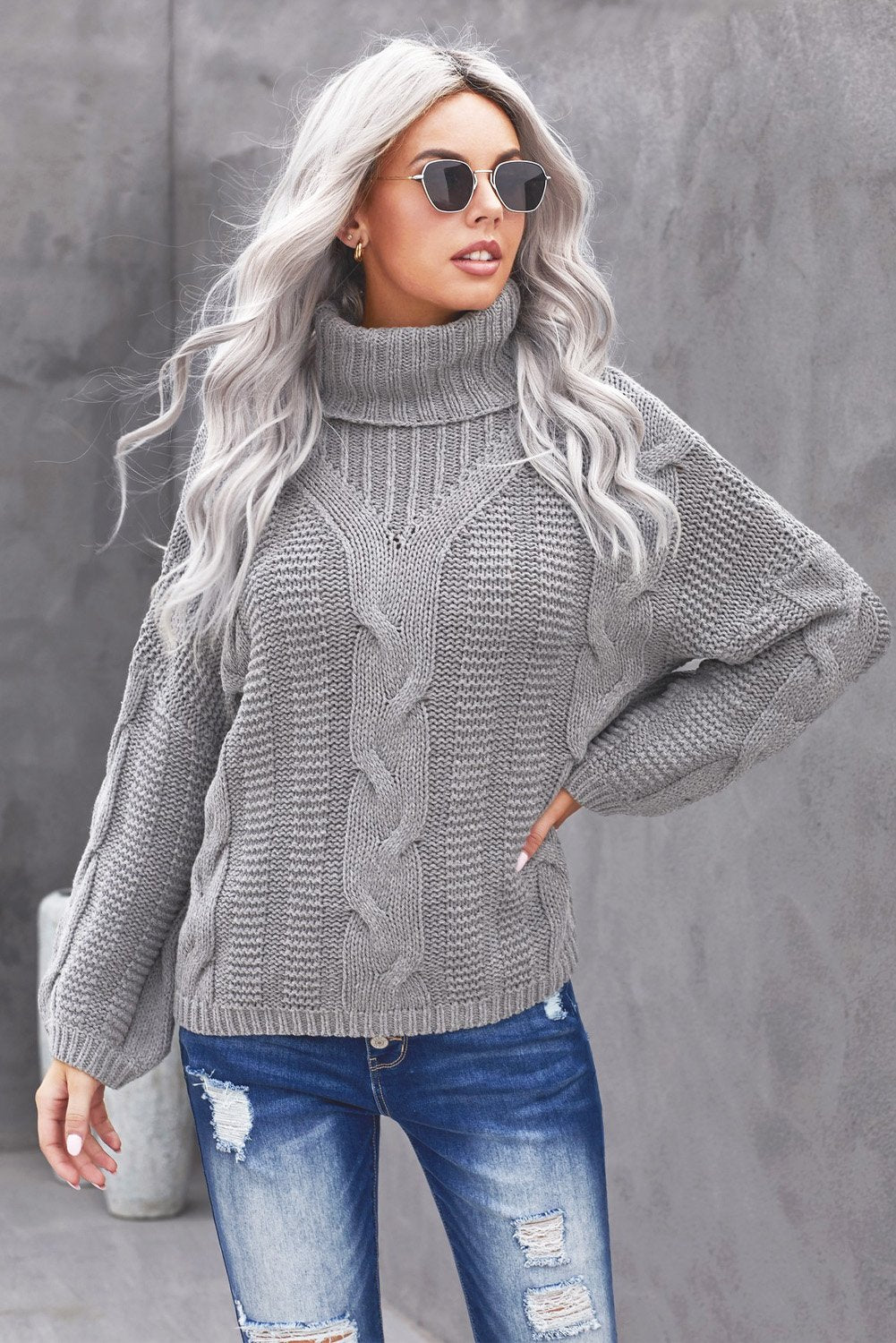 Winter Gray Oversize Turtleneck Textured Sweater