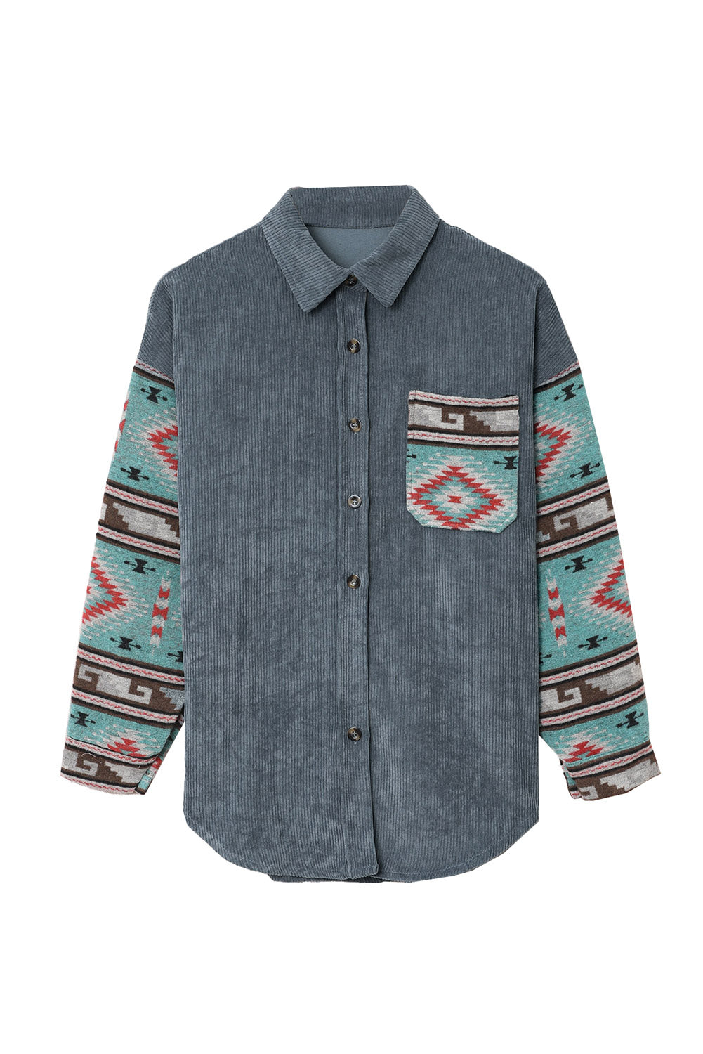 Gray  Aztec Pattern Sleeve Pocketed Corduroy Shacket