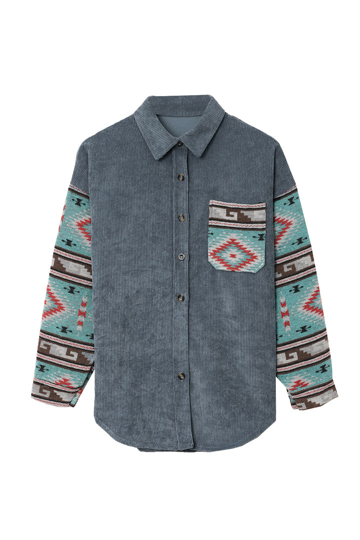 Gray  Aztec Pattern Sleeve Pocketed Corduroy Shacket