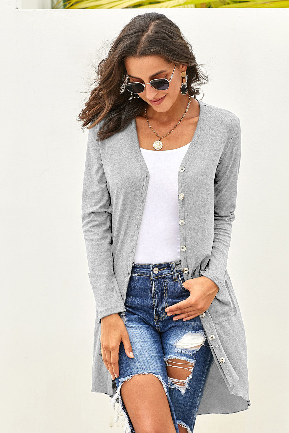 Light Gray Selected Button Down Pocketed Knit High Low Long Cardigan