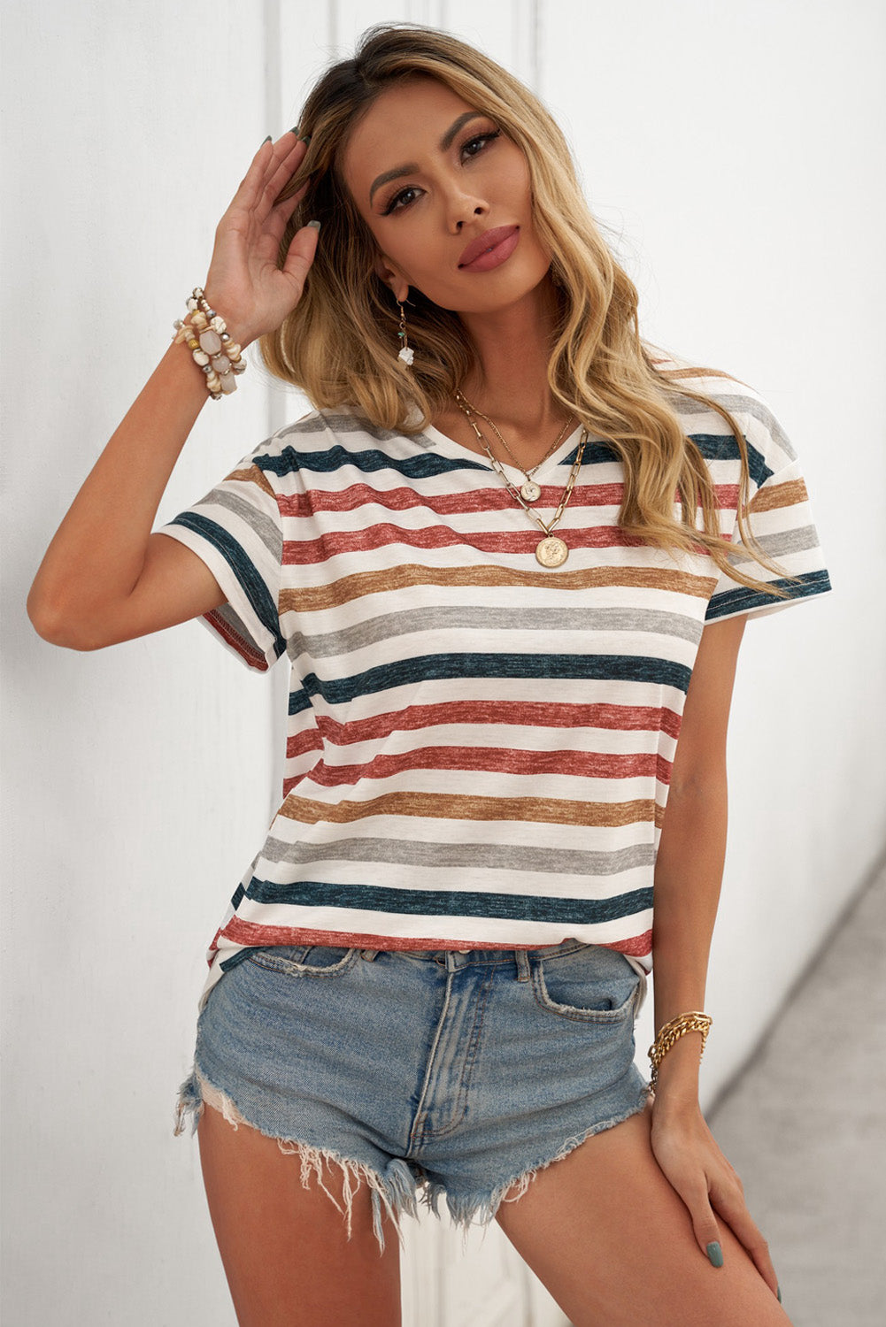 Multicolor Stripes Short Sleeve V Neck T-shirt