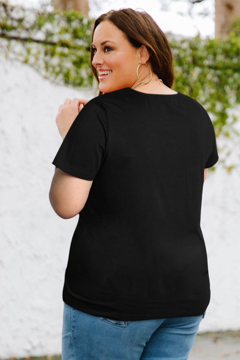 Black Sequin Trim V Neck Chest Pocket Plus Size Tee