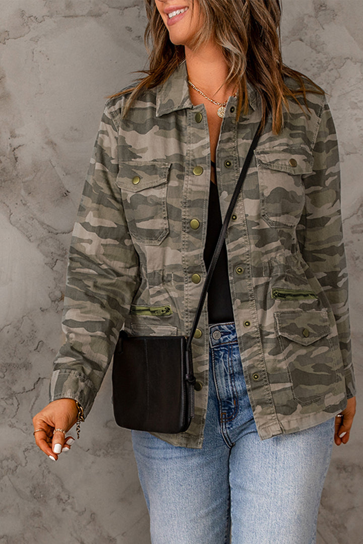 Green Camo Print Multi Pockets Button-up Jacket