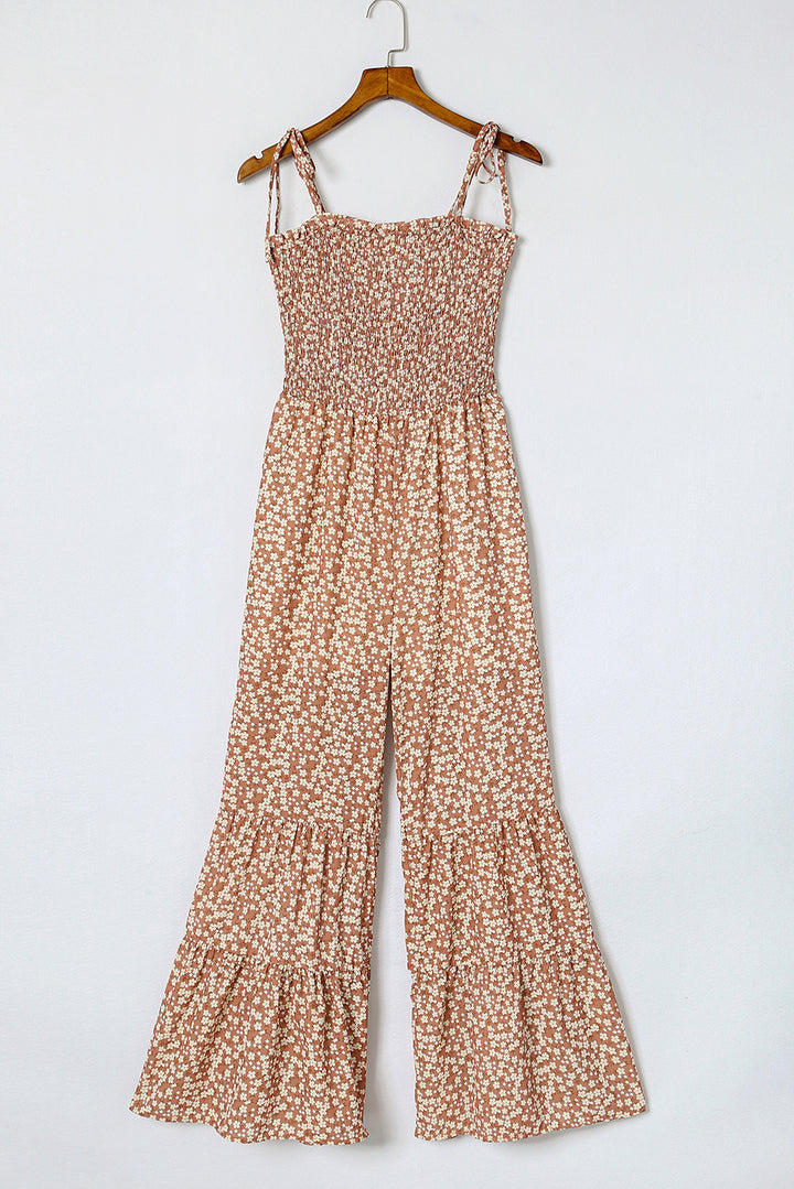 Khaki Thin Straps Smocked Bodice Wide Leg Floral Jumpsuit