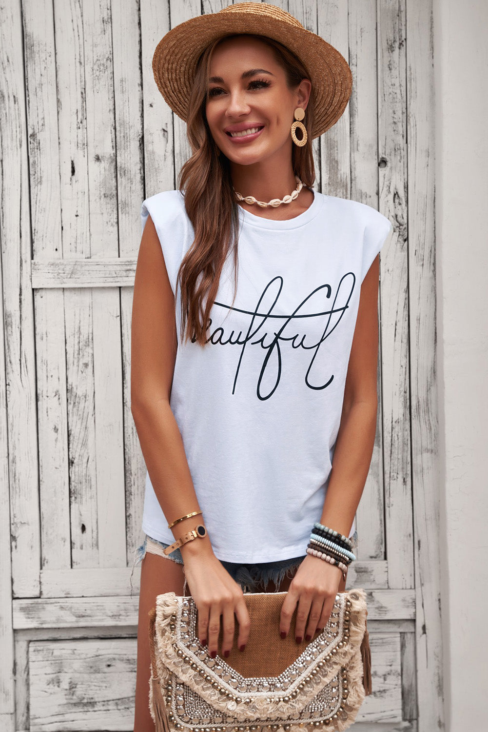 Casual White Padded Shoulder Letter Print Tank Top