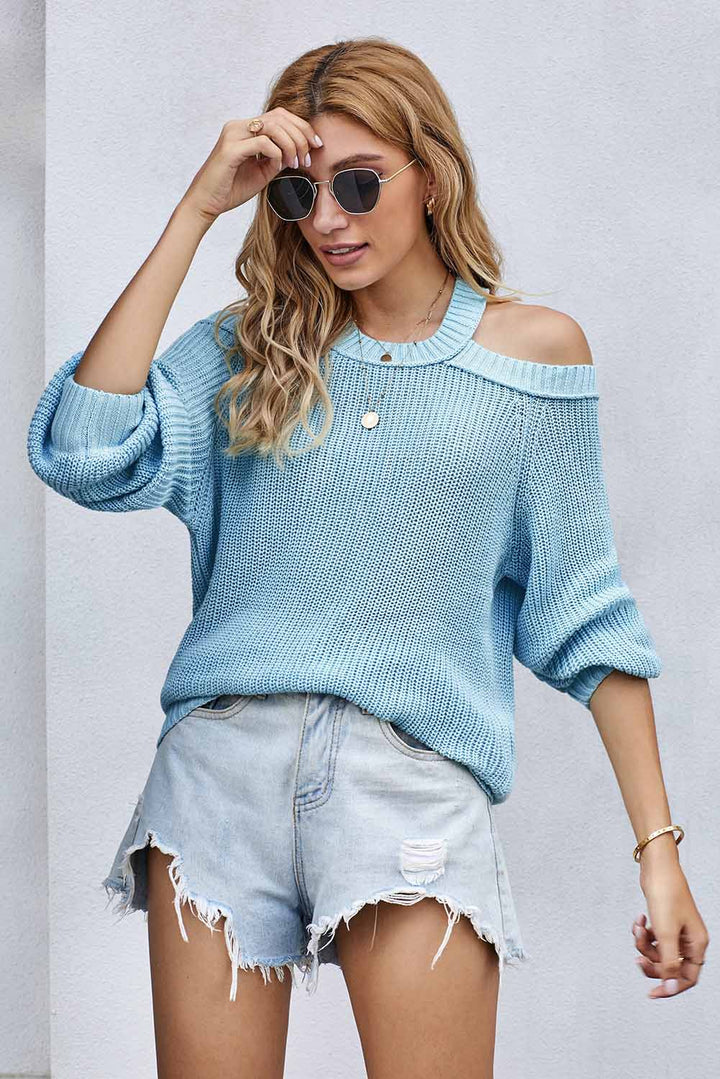Women's Sky Blue Cool Breeze Cotton Cold Shoulder Sweater