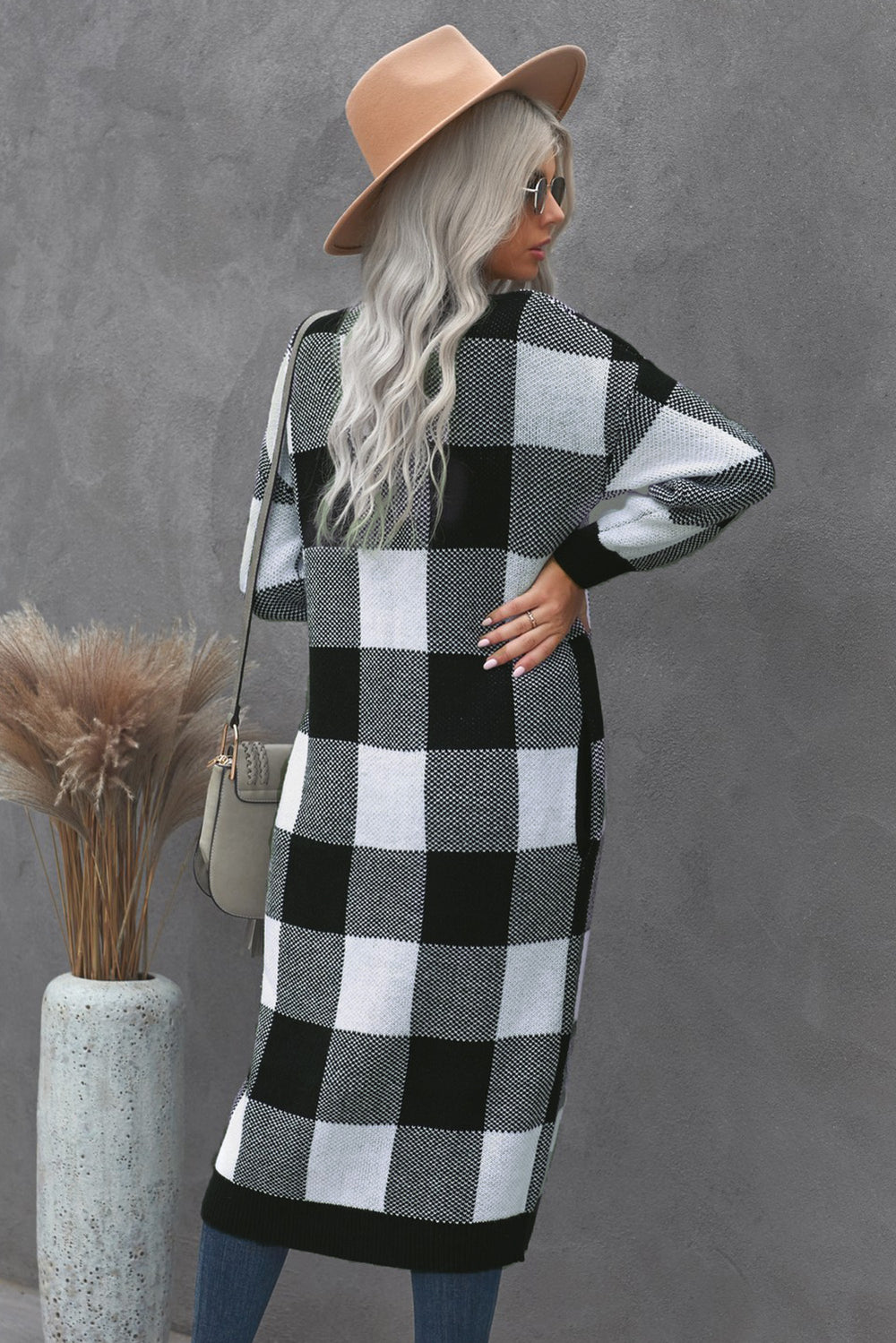 Womens Black Board Games Pocketed Checkered Long Cardigan