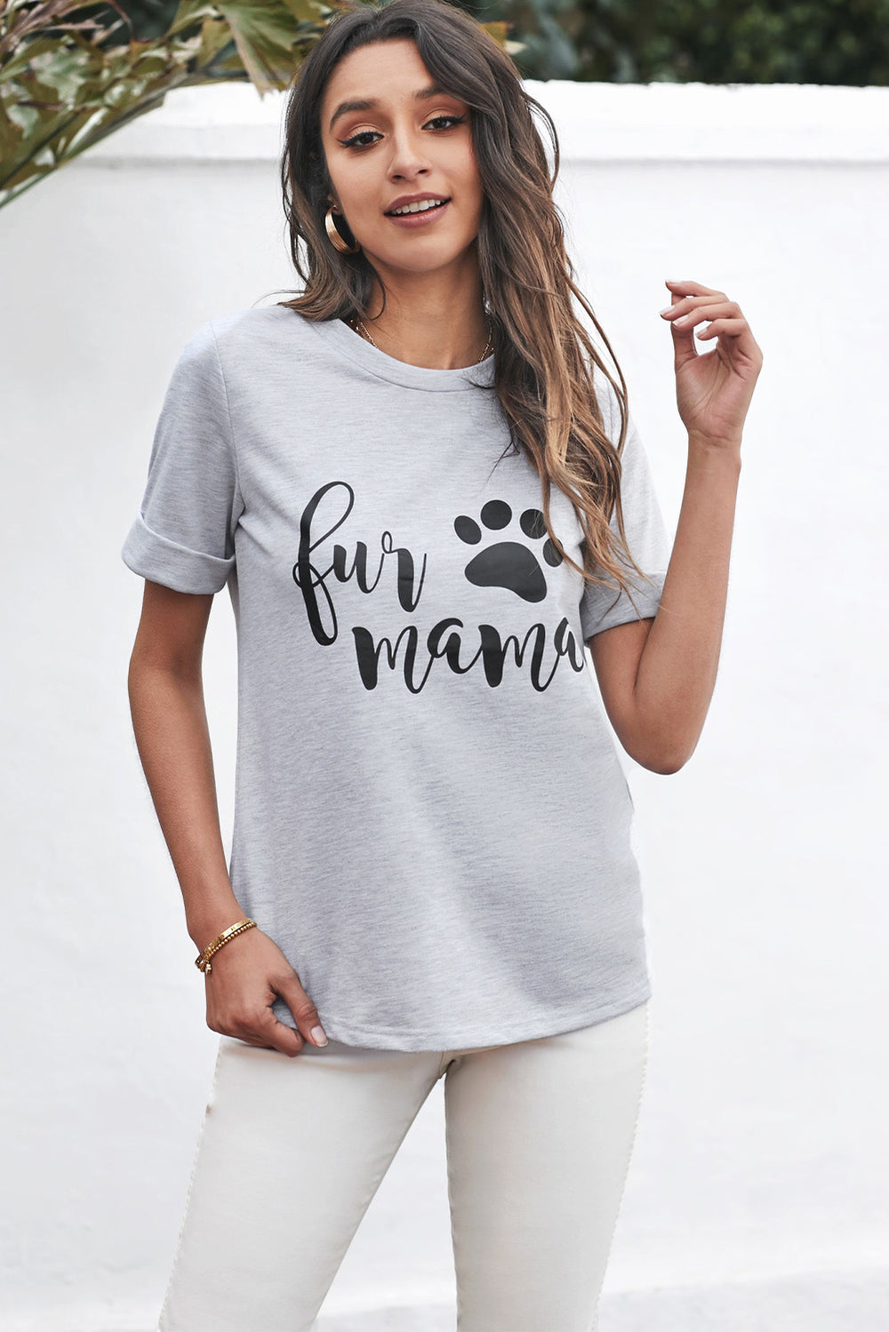 Cute Women Crew Neck Rolled Sleeve Letter Print Tee