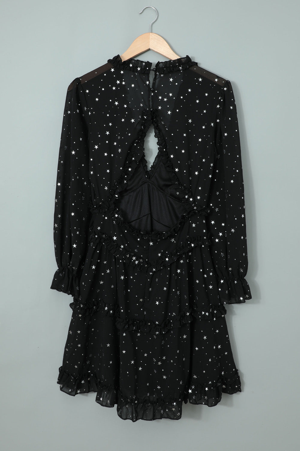 Black Glitter Stars V Neck Backless Long Sleeve Ruffle Mini Dress