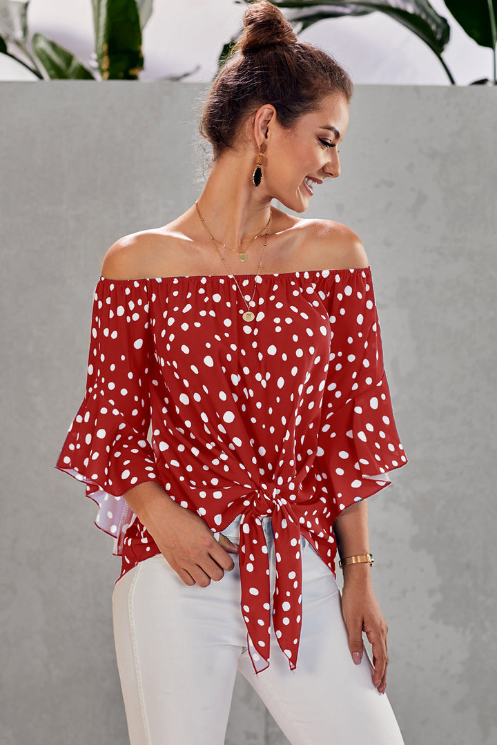 Red Polka Dot 3/4 Bell Sleeve Front Tie Knot Off Shoulder Top