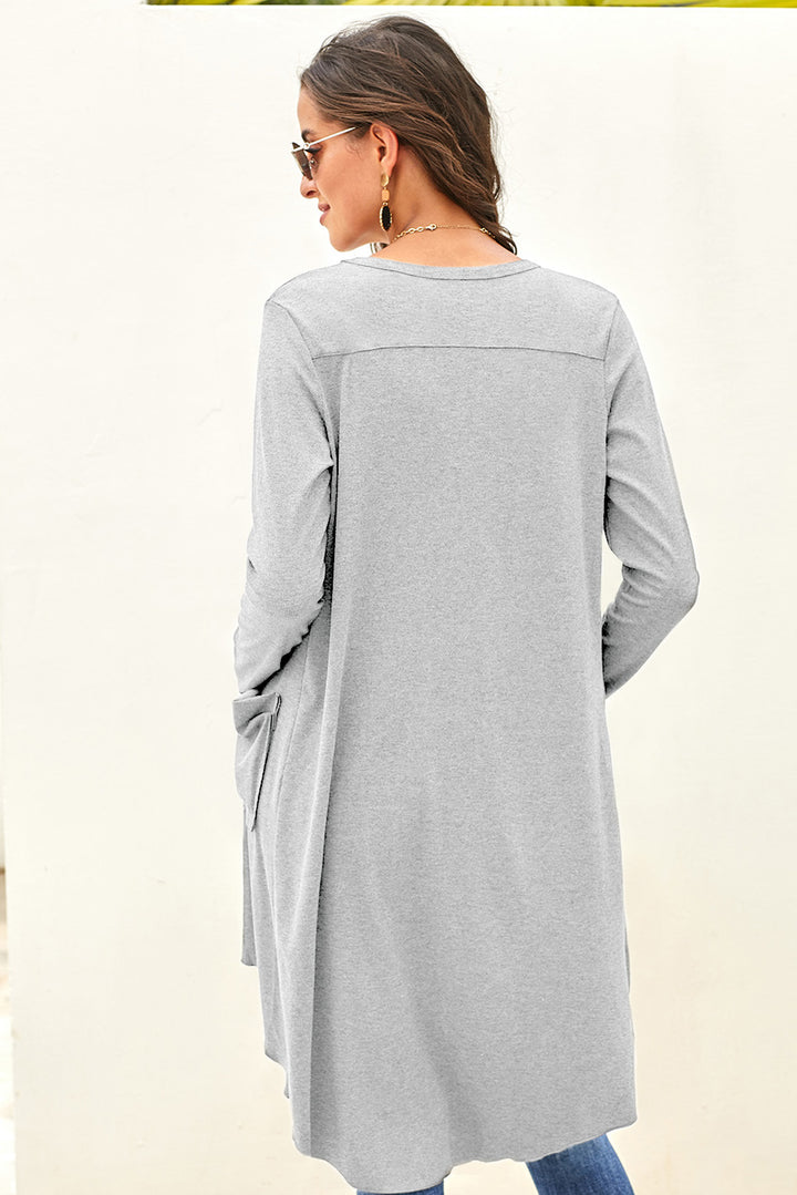 Light Gray Selected Button Down Pocketed Knit High Low Long Cardigan