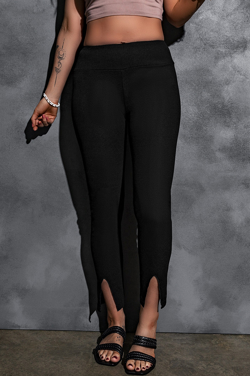 Rib Knit High Waist Black Slit Leggings –