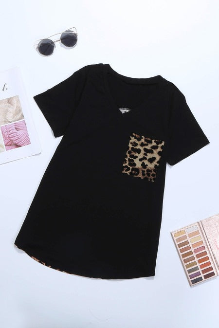 Black Leopard Printed Splicing Short Sleeve T-Shirt